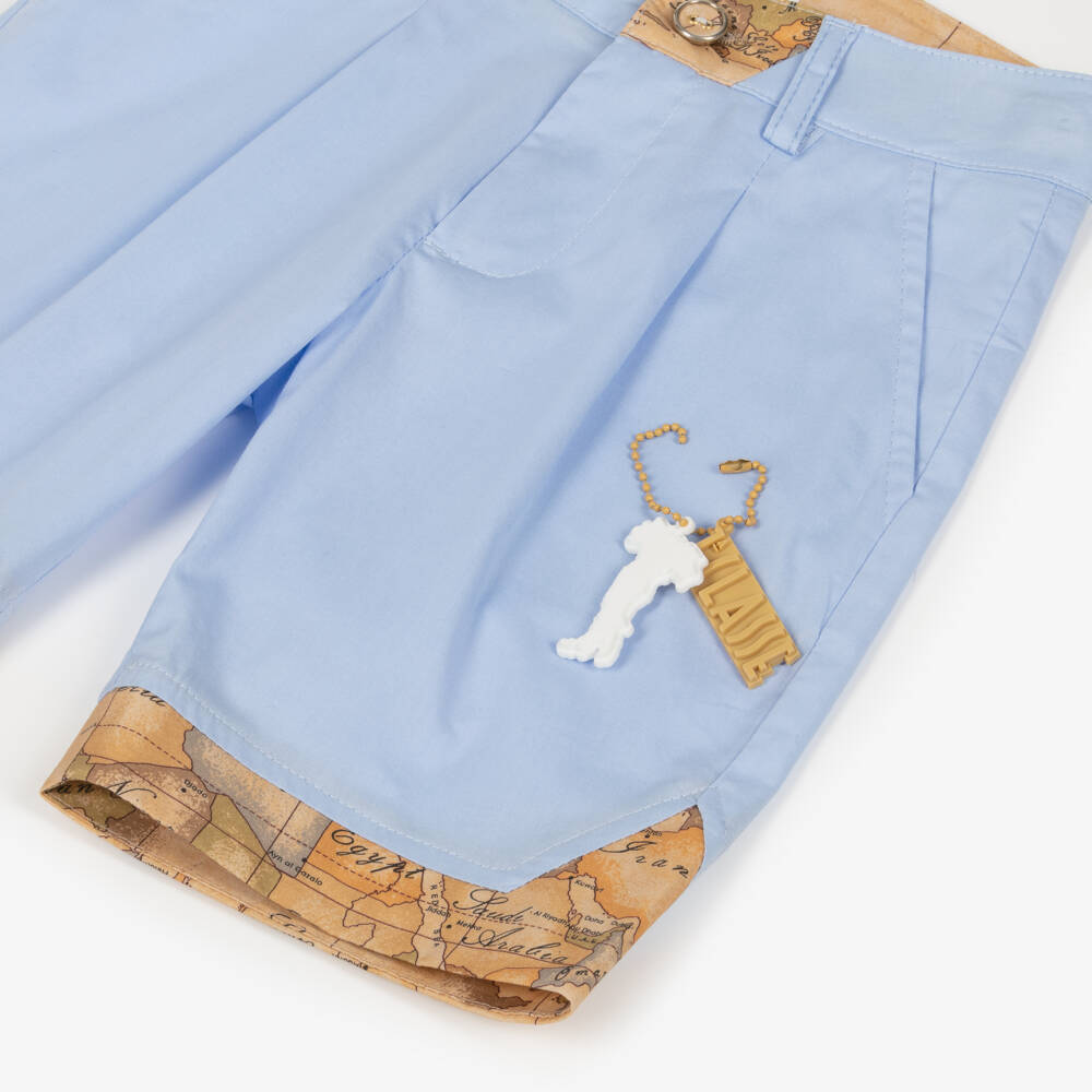 Alviero Martini-Boys Pale Blue Cotton Shorts Set with Geo Map Print Trims | Childrensalon
