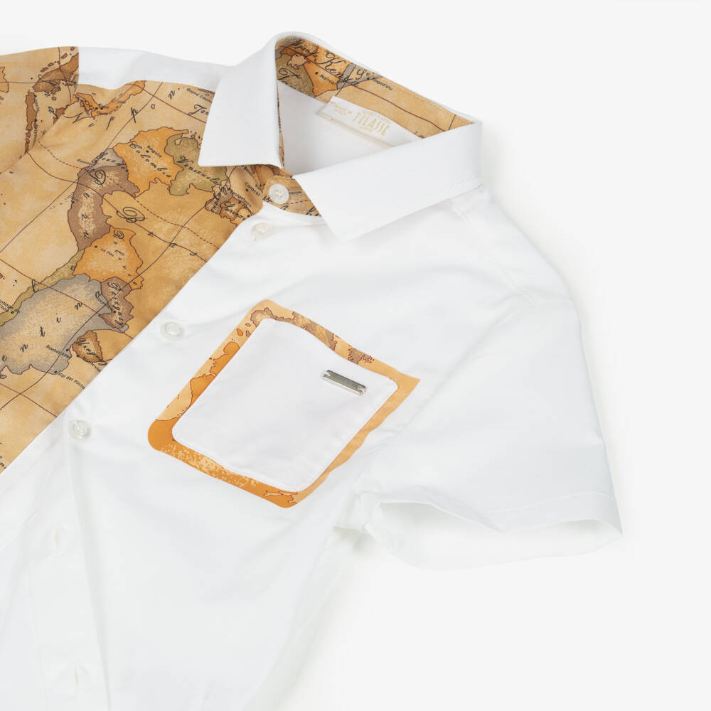 Alviero Martini-Boys White & Dark Beige Cotton Geo Map Print Shirt | Childrensalon