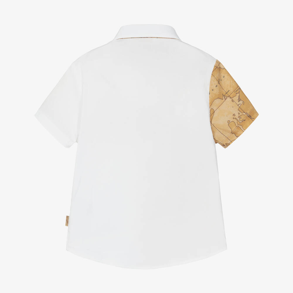 Alviero Martini-Boys White & Dark Beige Cotton Geo Map Print Shirt | Childrensalon