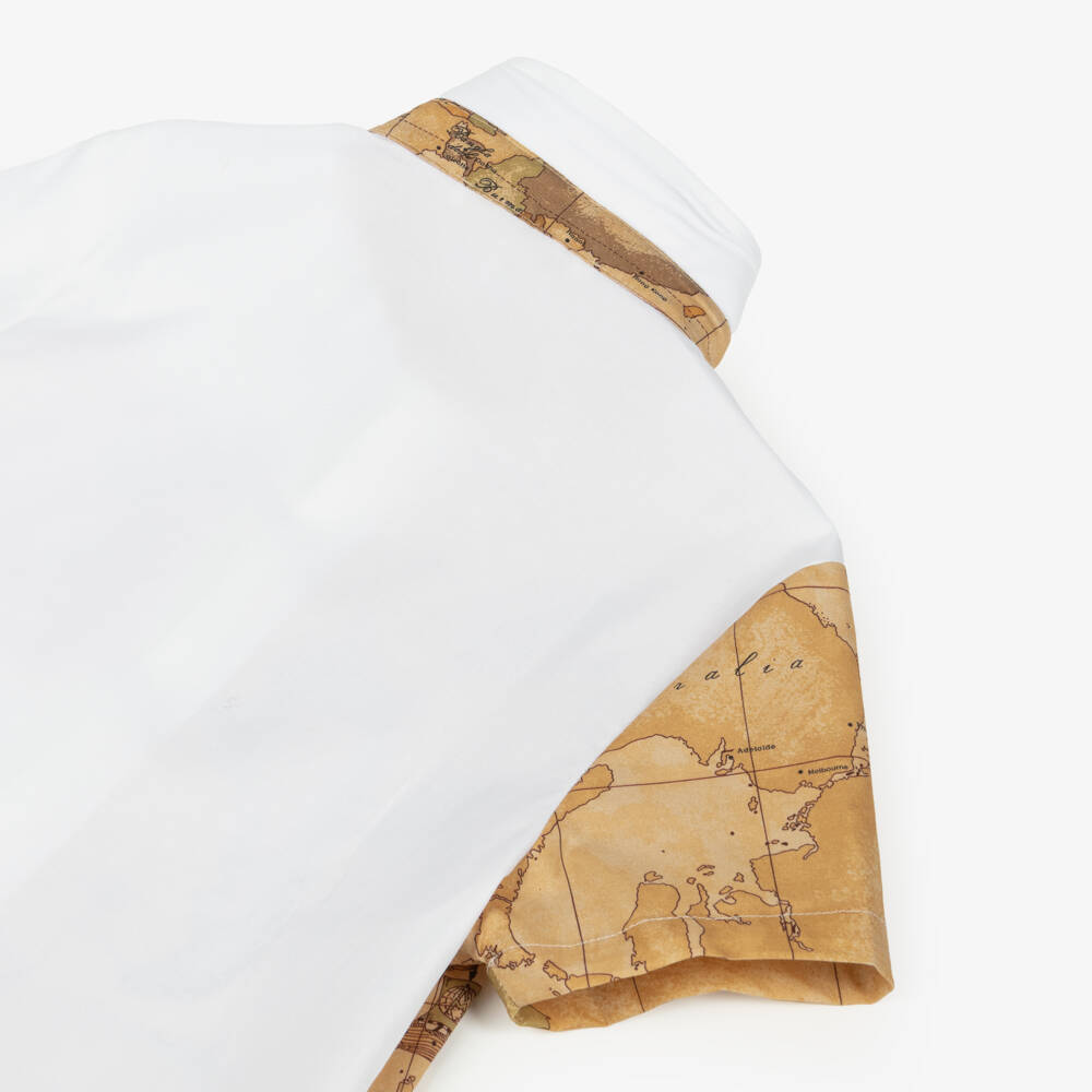 Alviero Martini-Boys White & Dark Beige Cotton Geo Map Print Shirt | Childrensalon