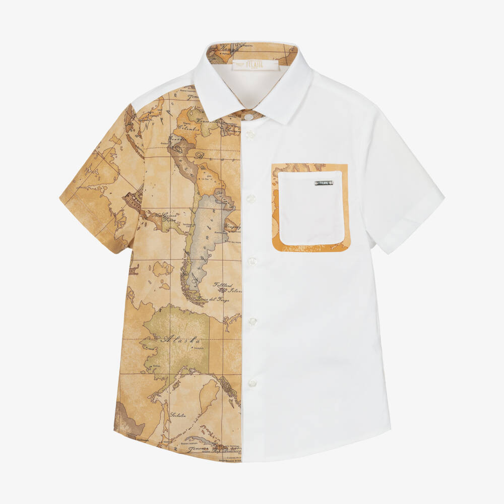 Alviero Martini-Boys White & Dark Beige Cotton Geo Map Print Shirt | Childrensalon