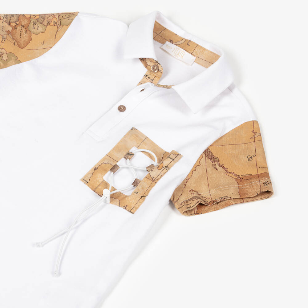 Alviero Martini-Boys White & Geo Map Cotton Polo Shirt with Drawstring Pocket | Childrensalon
