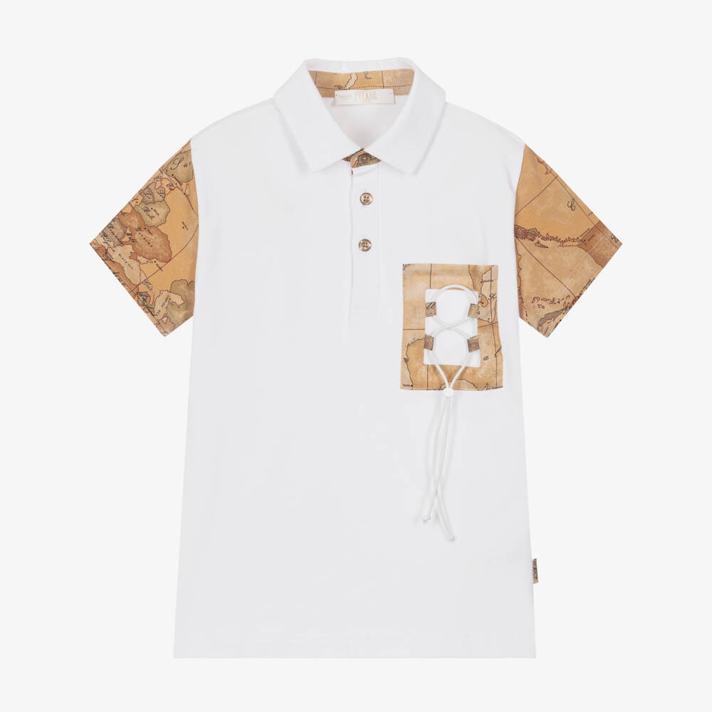 Alviero Martini-Boys White & Geo Map Cotton Polo Shirt with Drawstring Pocket | Childrensalon