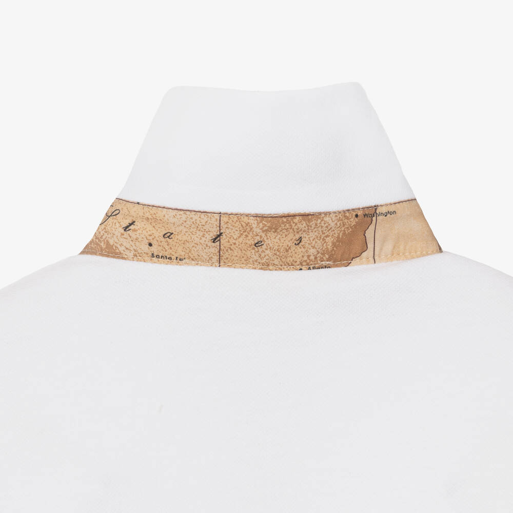 Alviero Martini-Boys White & Geo Map Cotton Polo Shirt with Drawstring Pocket | Childrensalon