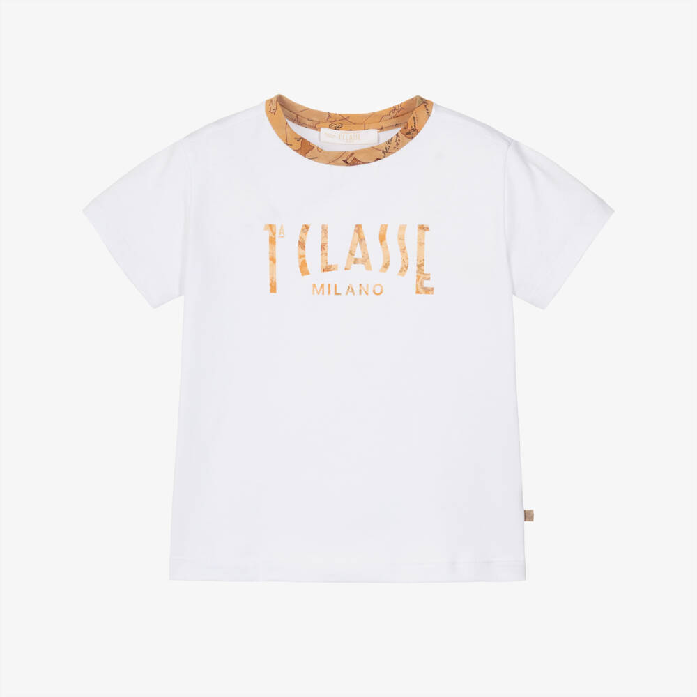 Alviero Martini-Boys White T-Shirt with Geo Detailing | Childrensalon