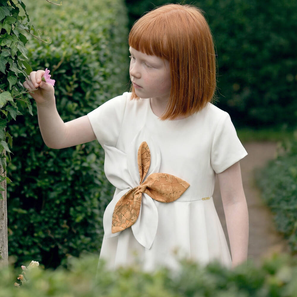 Alviero Martini-Girls Ivory Crêpe Dress with Geo Map Flower | Childrensalon