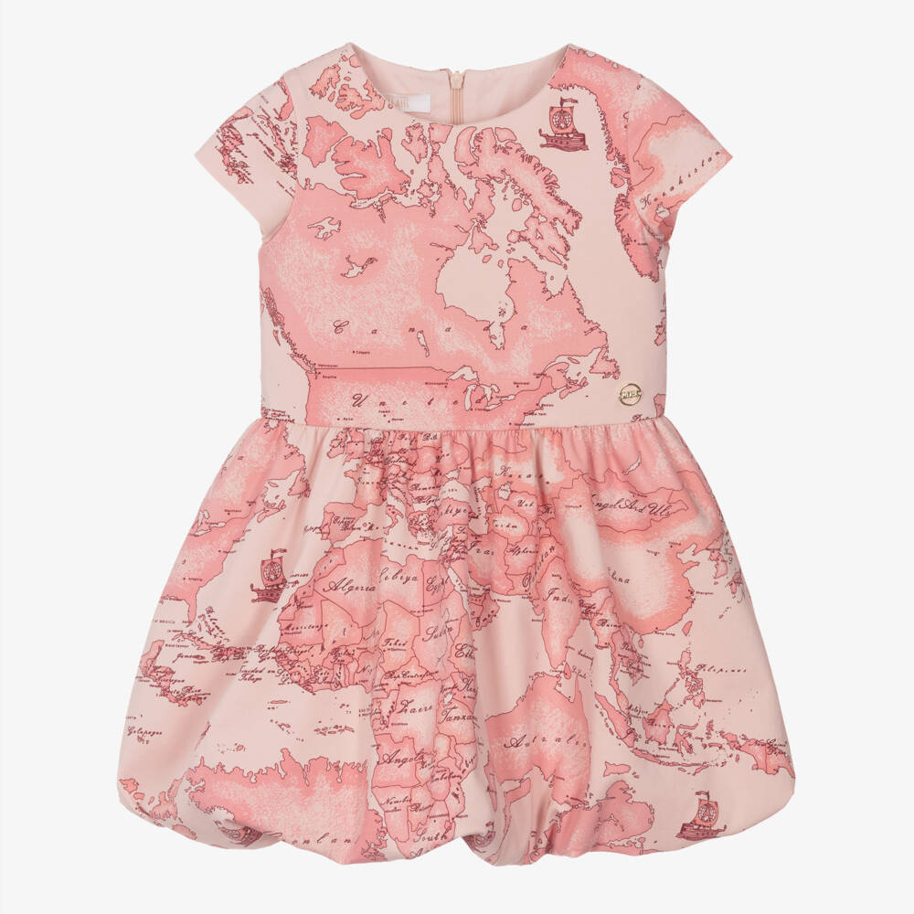 Alviero Martini-Girls Pink Geo Map Print Dress with Bubble Hem | Childrensalon