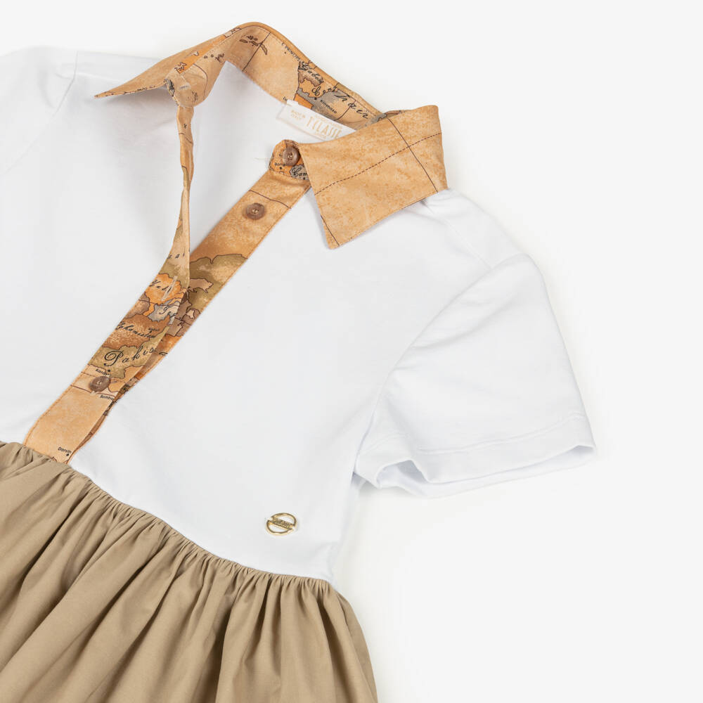 Alviero Martini-Girls White & Beige Cotton Dress with Geo Map Trims | Childrensalon