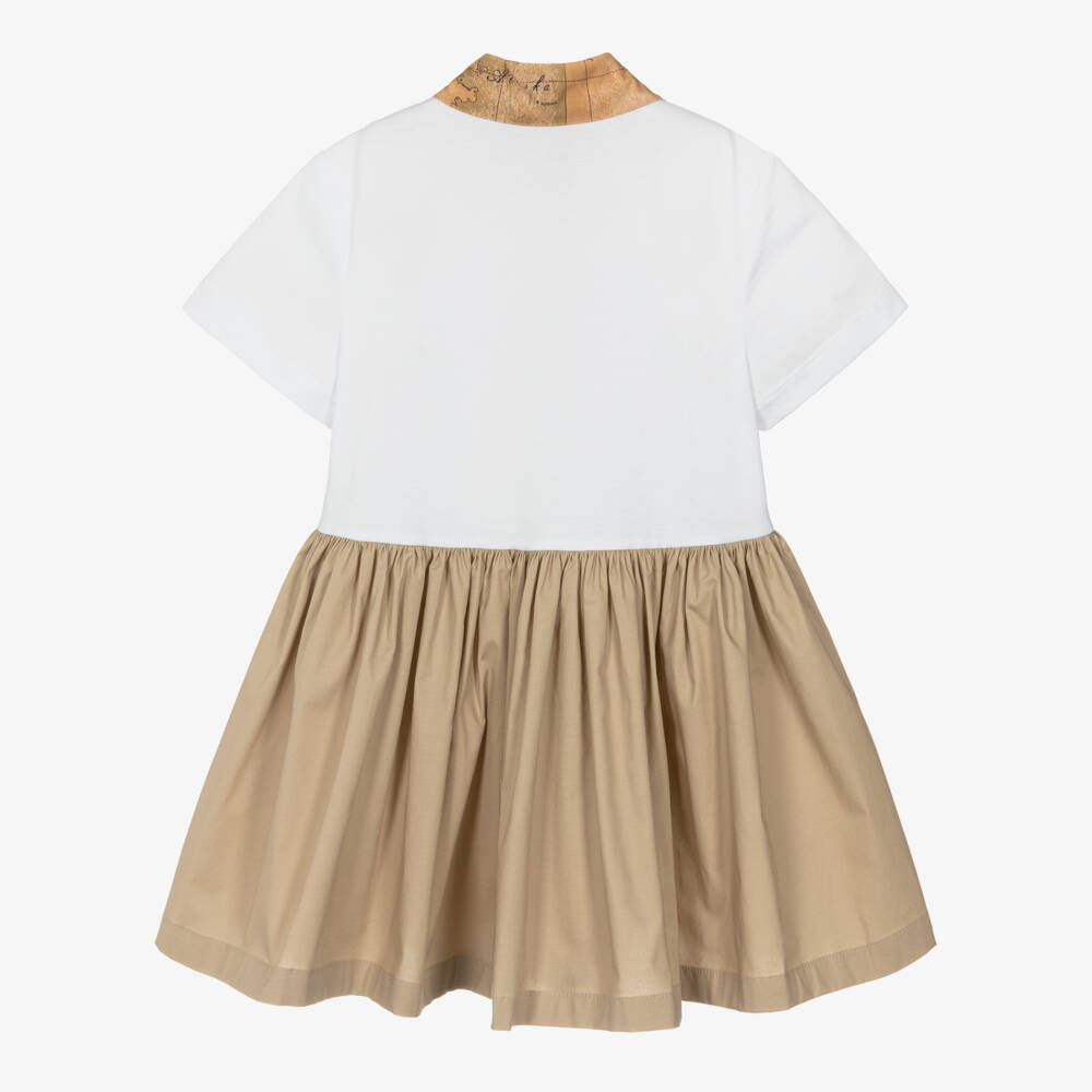 Alviero Martini-Girls White & Beige Cotton Dress with Geo Map Trims | Childrensalon