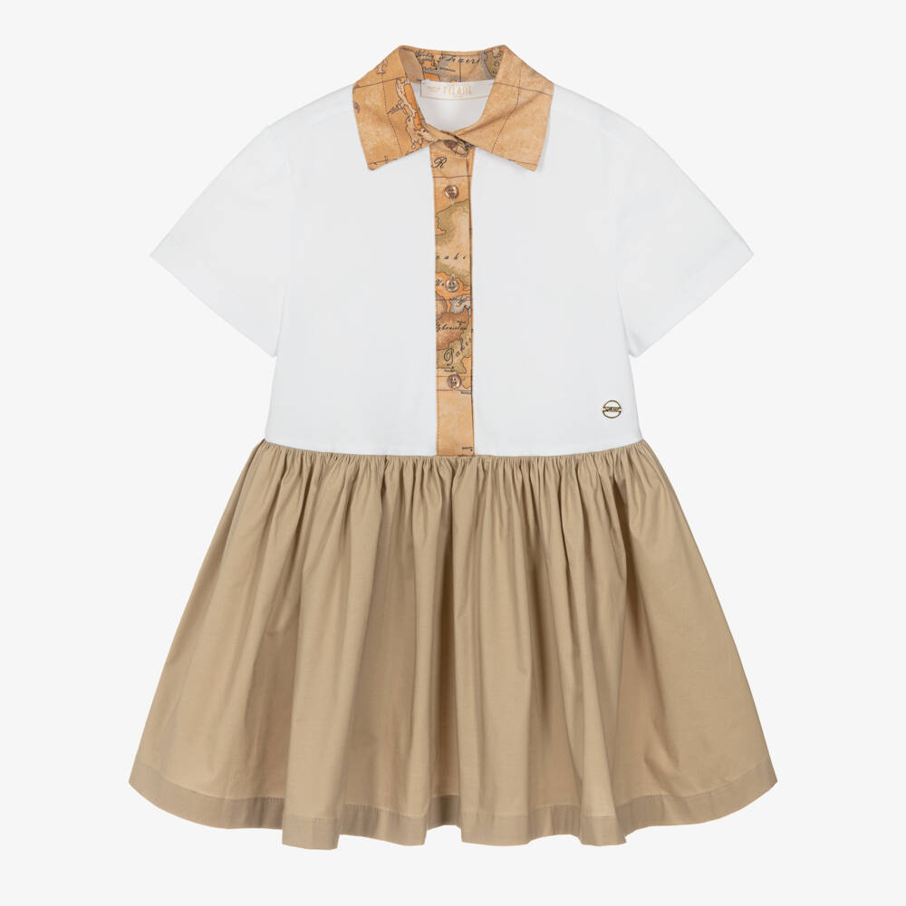 Alviero Martini-Girls White & Beige Cotton Dress with Geo Map Trims | Childrensalon