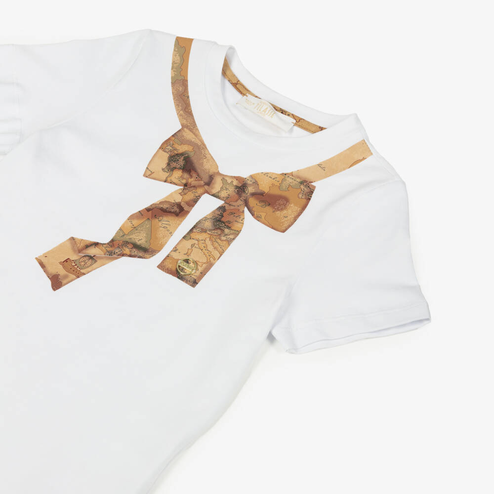 Alviero Martini-Girls White Cotton T-Shirt with Geo Map Bow Print | Childrensalon