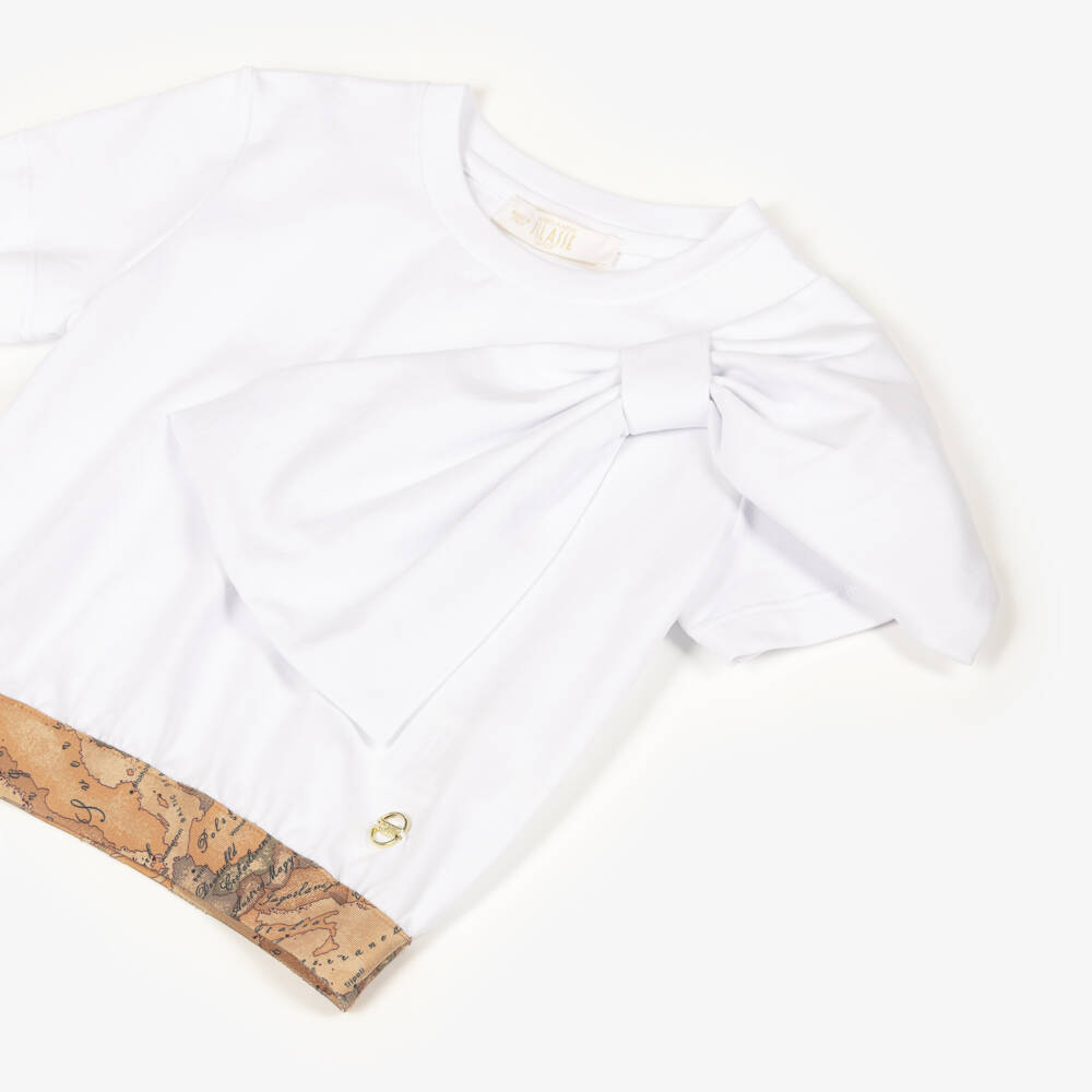 Alviero Martini-Girls White Cotton T-Shirt with Oversized Bow & Geo Map Trim | Childrensalon