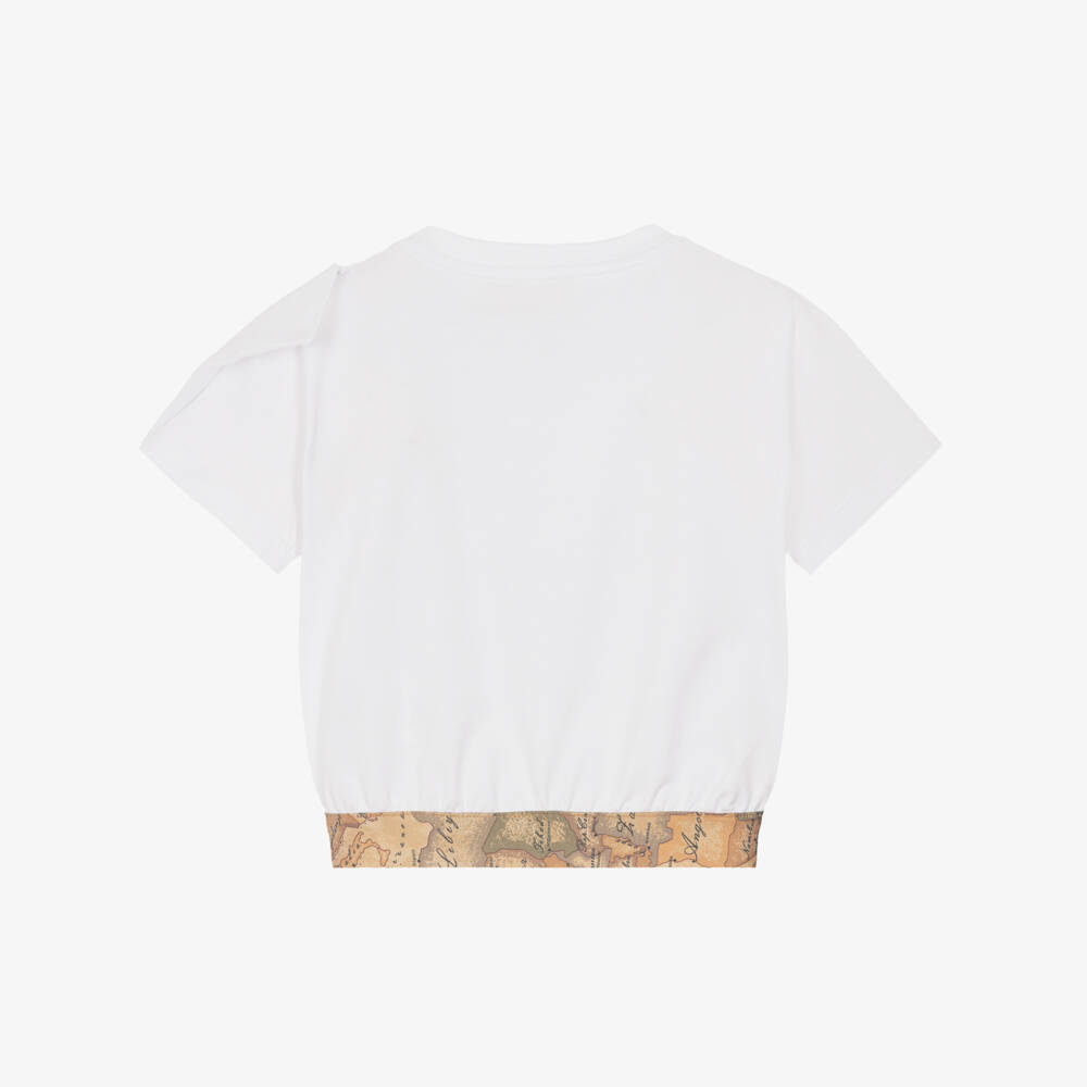 Alviero Martini-Girls White Cotton T-Shirt with Oversized Bow & Geo Map Trim | Childrensalon