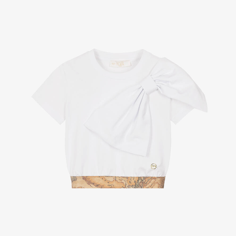 Alviero Martini-Girls White Cotton T-Shirt with Oversized Bow & Geo Map Trim | Childrensalon
