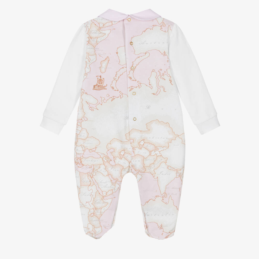 Alviero Martini-Girls White & Pink Geo Map Cotton Bear Babygrow | Childrensalon