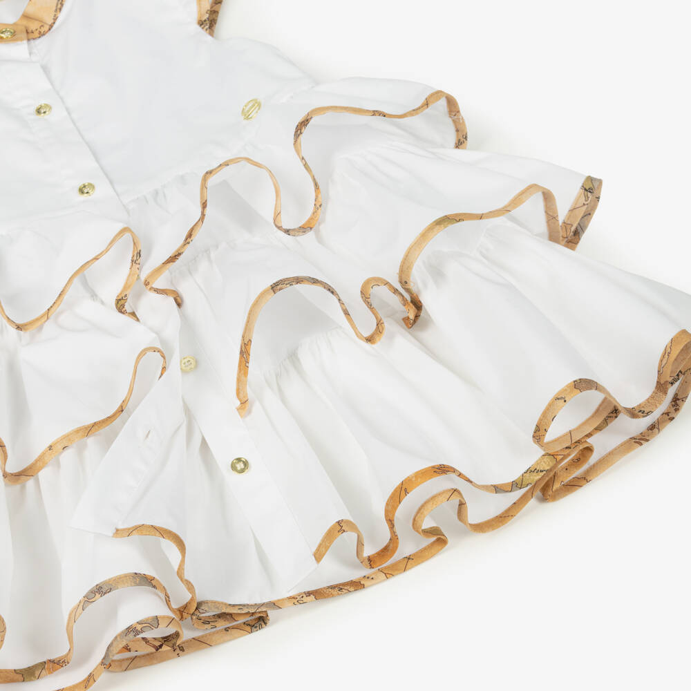 Alviero Martini-Girls White Tiered Cotton Poplin Dress with Geo Map Trims | Childrensalon