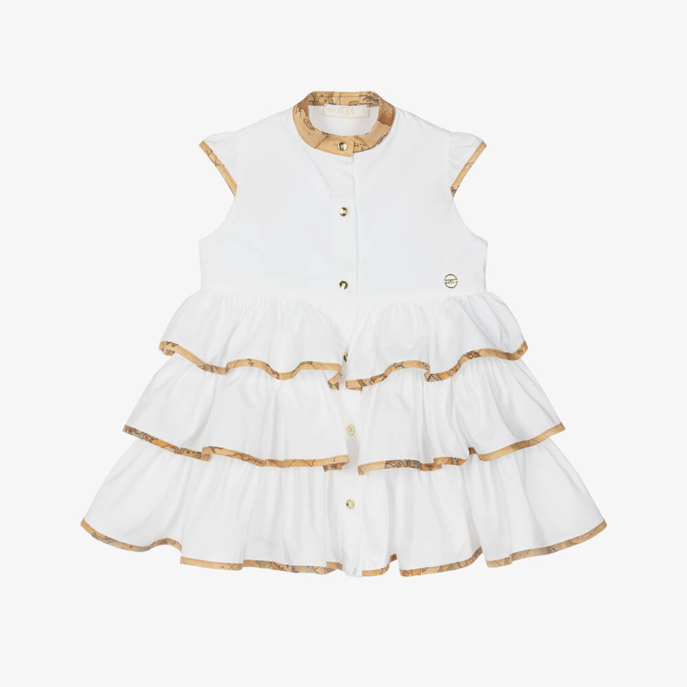 Alviero Martini-Girls White Tiered Cotton Poplin Dress with Geo Map Trims | Childrensalon