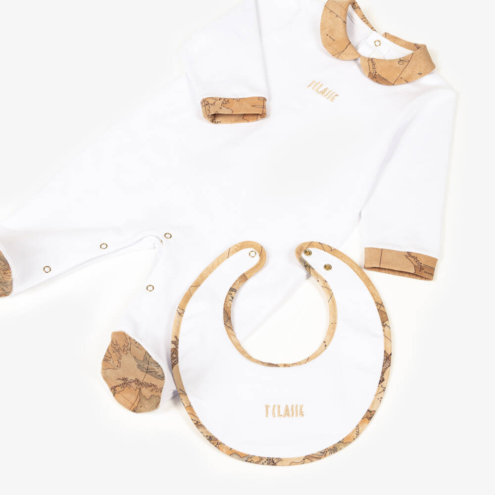 Alviero Martini-White & Beige Geo Trimmed Babysuit Set | Childrensalon
