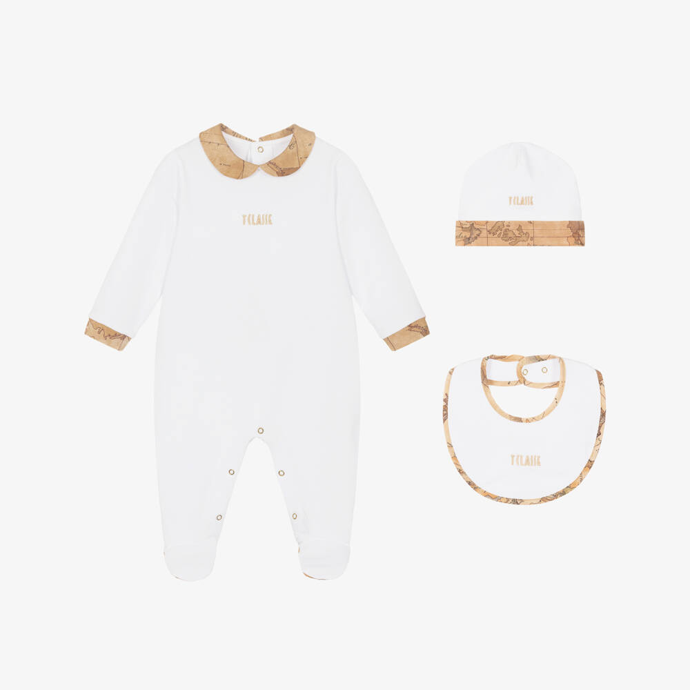 Alviero Martini-White & Beige Geo Trimmed Babysuit Set | Childrensalon