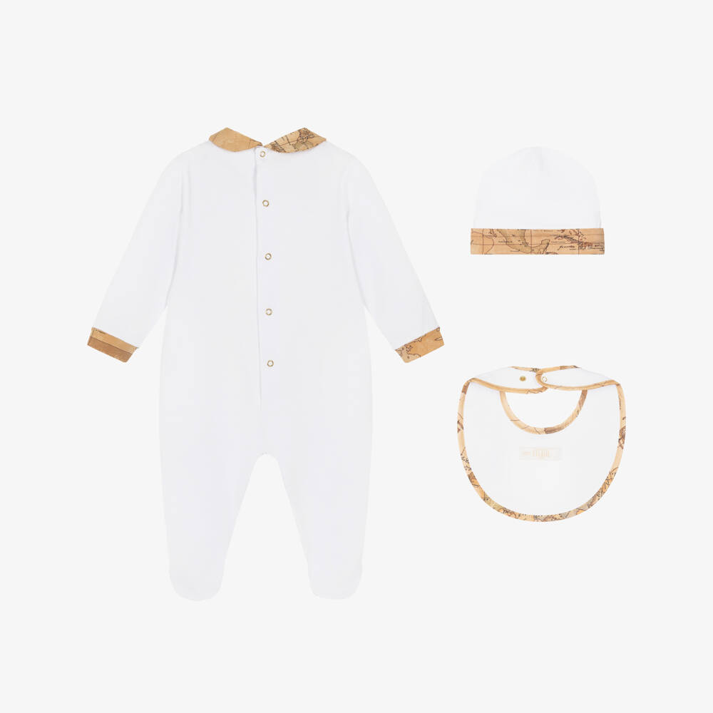 Alviero Martini-White & Beige Geo Trimmed Babysuit Set | Childrensalon