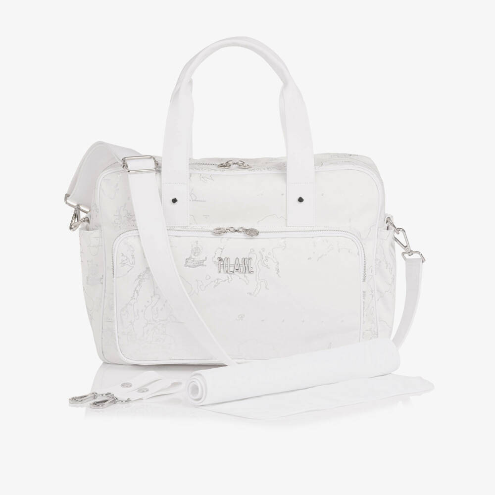 Alviero Martini-White & Silver Geo Map Print Baby Changing Bag (40cm) | Childrensalon