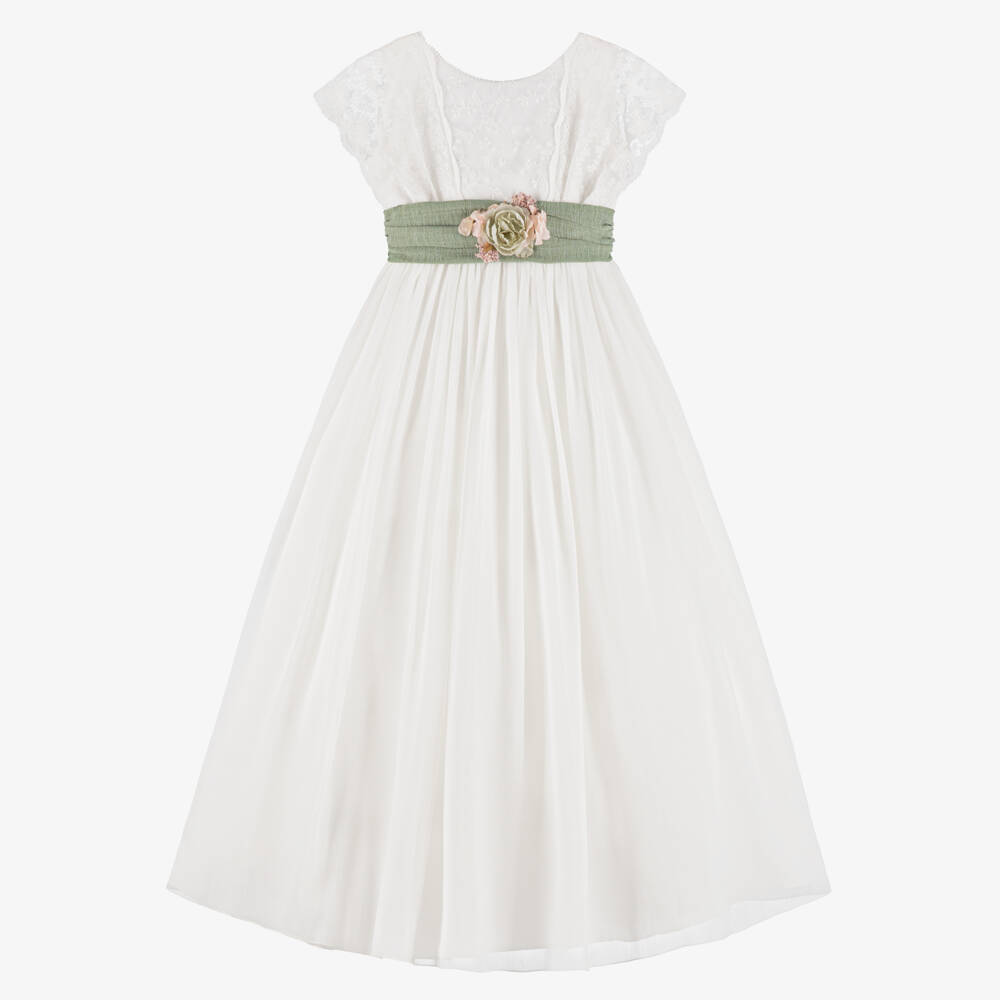 Amaya-Girls Ivory Chiffon Dress with Green Sash | Childrensalon