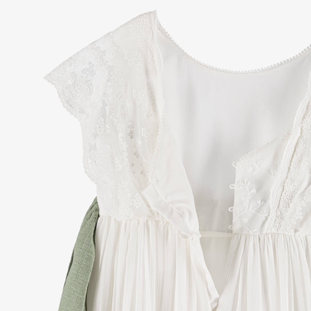Amaya-Girls Ivory Chiffon Dress with Green Sash | Childrensalon