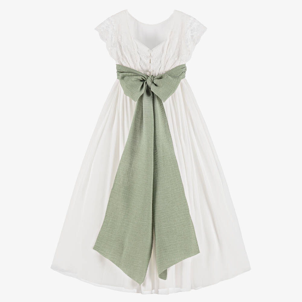 Amaya-Girls Ivory Chiffon Dress with Green Sash | Childrensalon