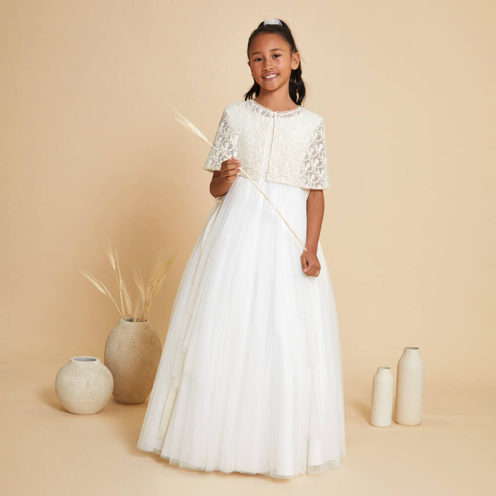 Amaya-Girls Ivory Embroidered Tulle Cape | Childrensalon