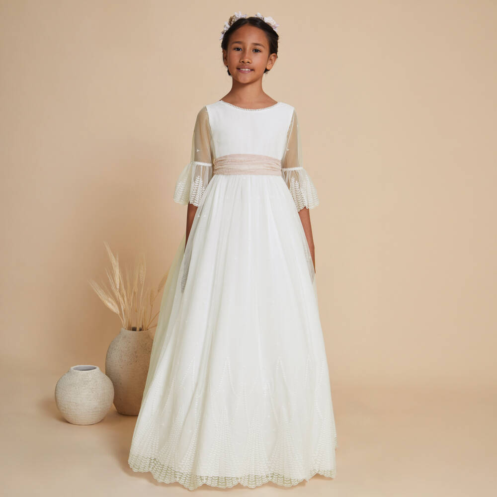 Amaya-Girls Ivory Embroidered Tulle Dress with Pink Lace Sash  | Childrensalon