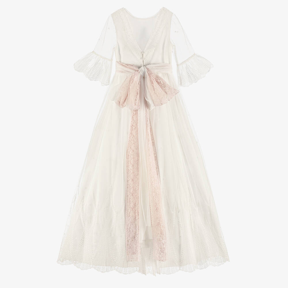 Amaya-Girls Ivory Embroidered Tulle Dress with Pink Lace Sash  | Childrensalon