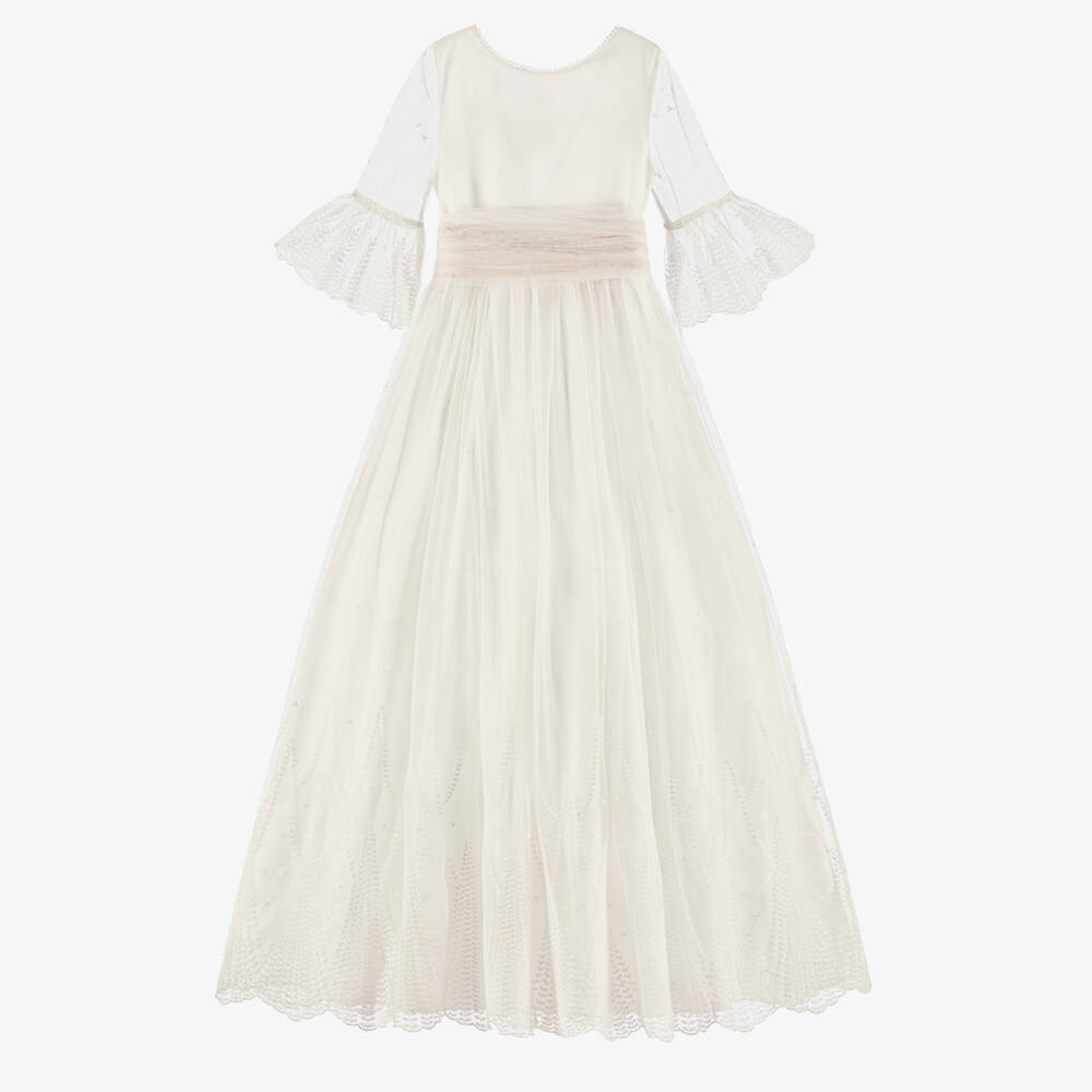 Amaya-Girls Ivory Embroidered Tulle Dress with Pink Lace Sash  | Childrensalon