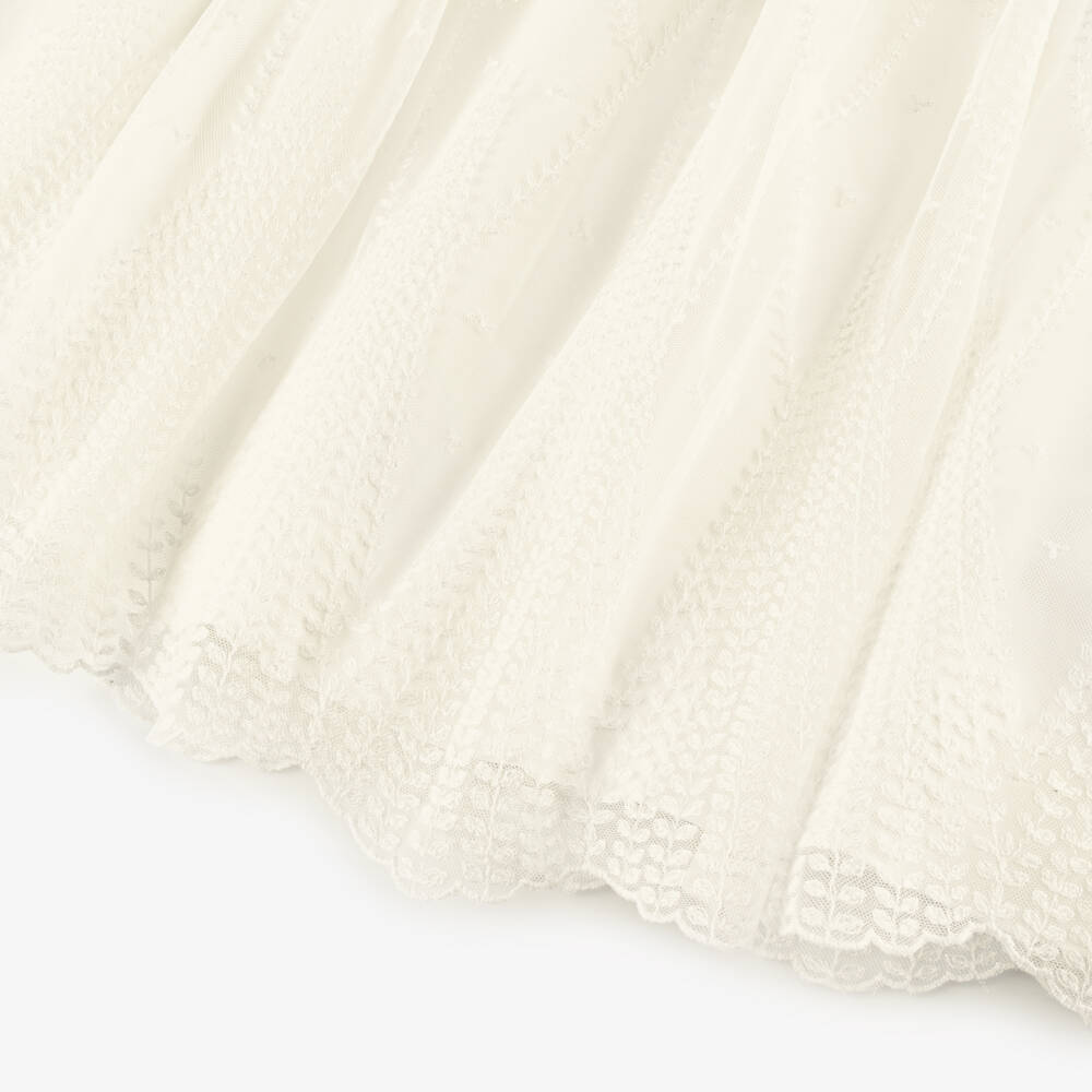 Amaya-Girls Ivory Embroidered Tulle Dress with Pink Lace Sash  | Childrensalon