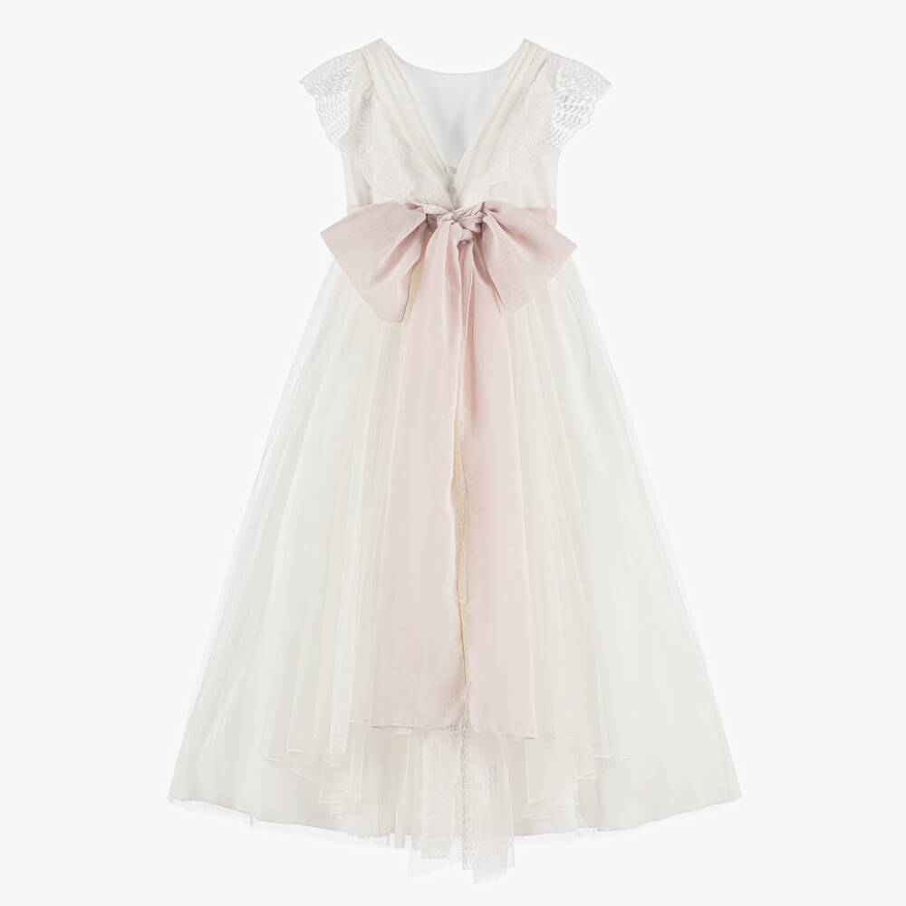 Amaya-Girls Ivory Embroidered Tulle Dress with Pink Sash | Childrensalon