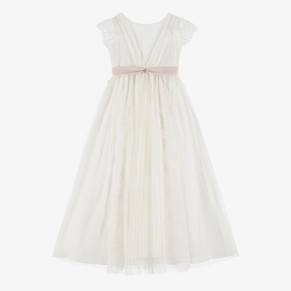 Amaya-Girls Ivory Embroidered Tulle Dress with Pink Sash | Childrensalon