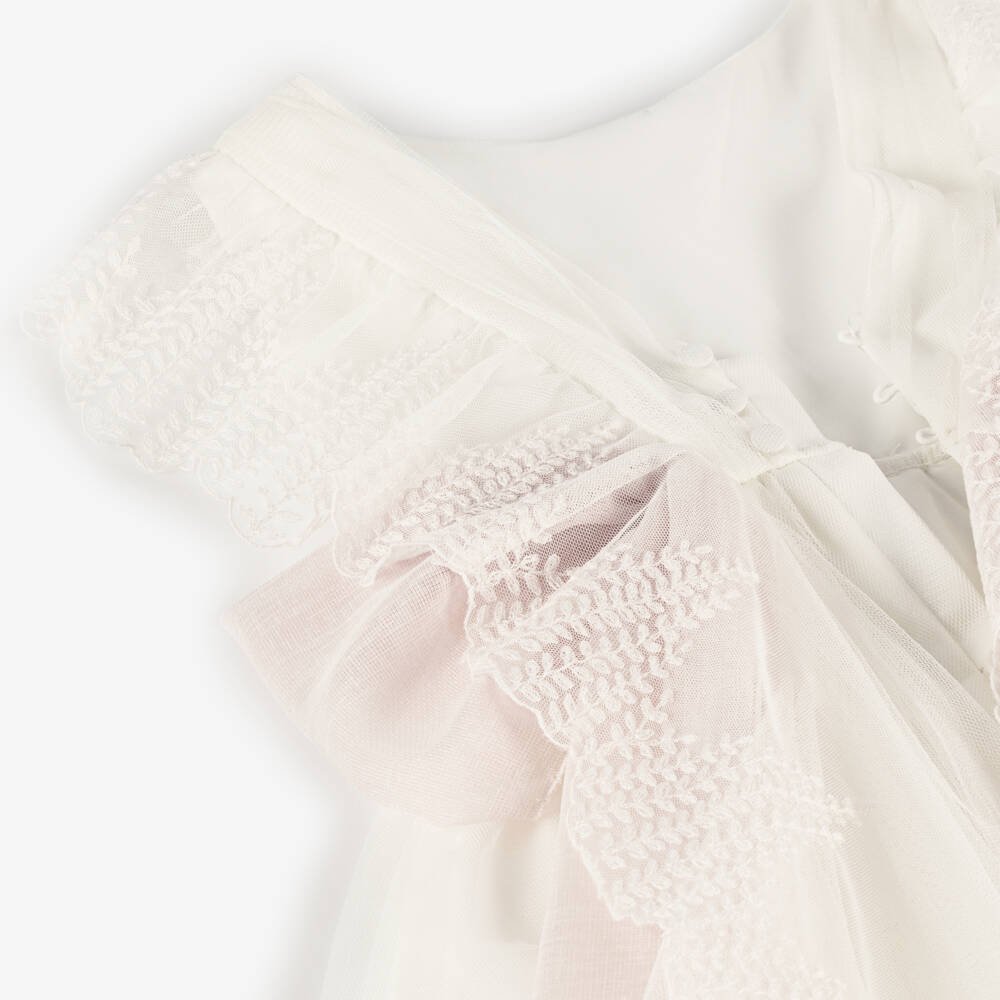 Amaya-Girls Ivory Embroidered Tulle Dress with Pink Sash | Childrensalon