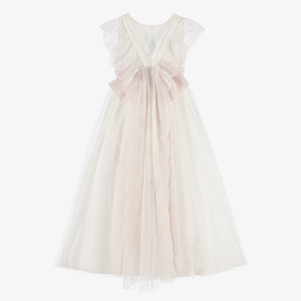 Amaya-Girls Ivory Embroidered Tulle Dress with Pink Sash | Childrensalon