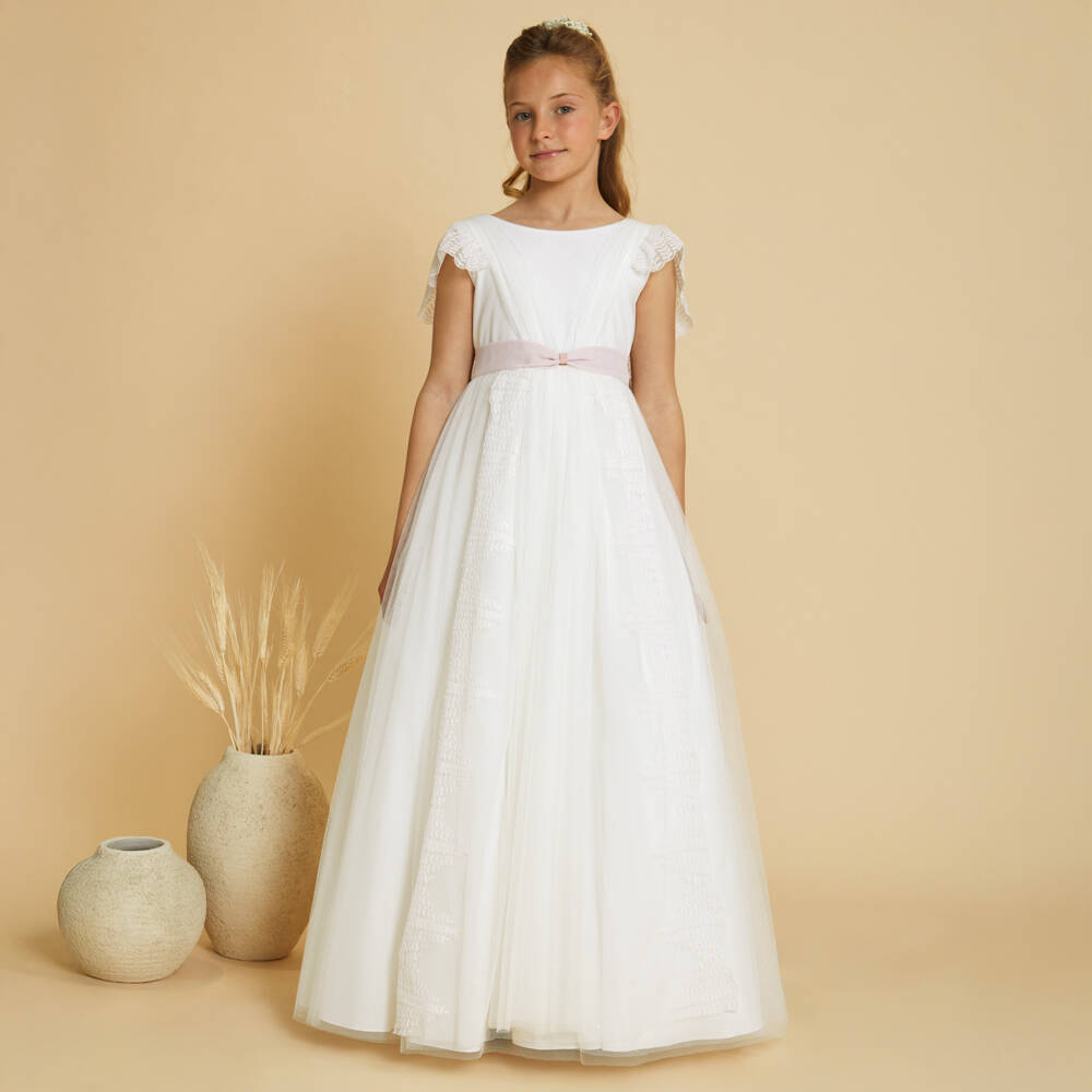 Amaya-Girls Ivory Embroidered Tulle Dress with Pink Sash | Childrensalon
