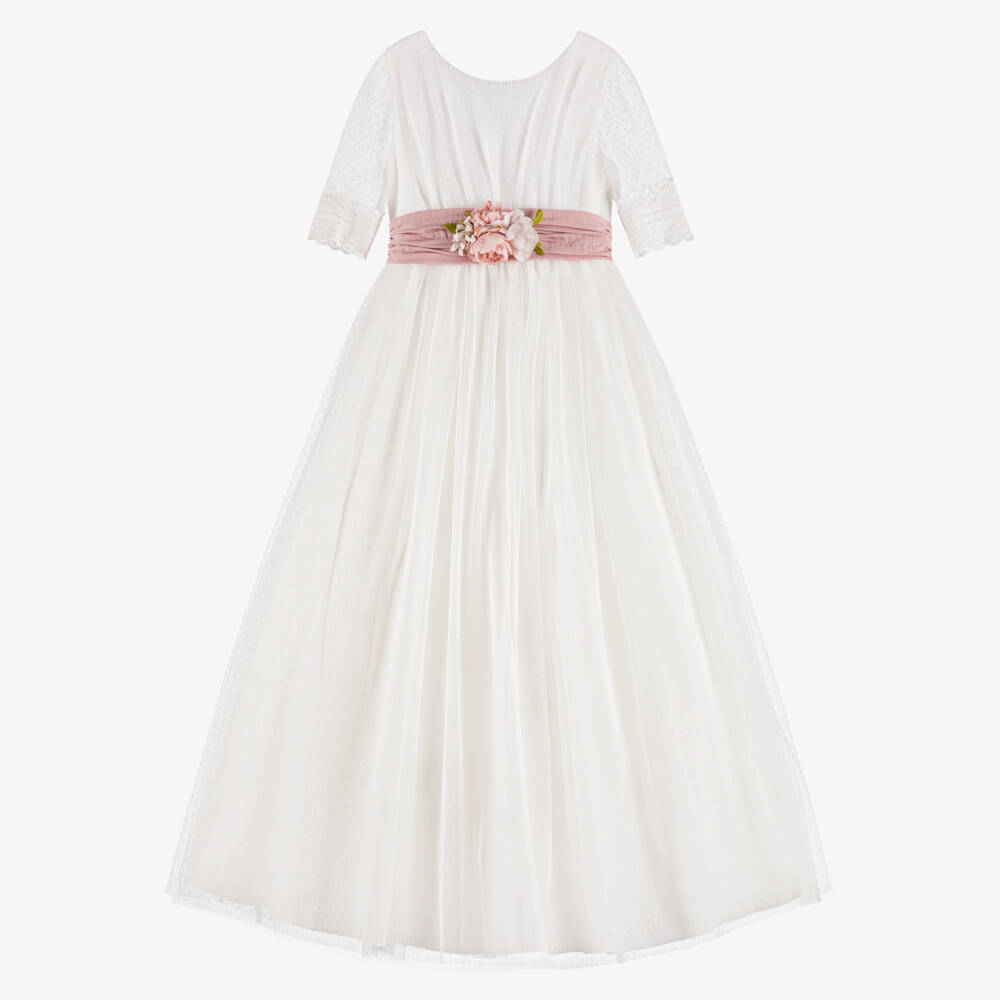 Amaya-Girls Ivory Plumeti Tulle Dress with Pink Sash Dress | Childrensalon