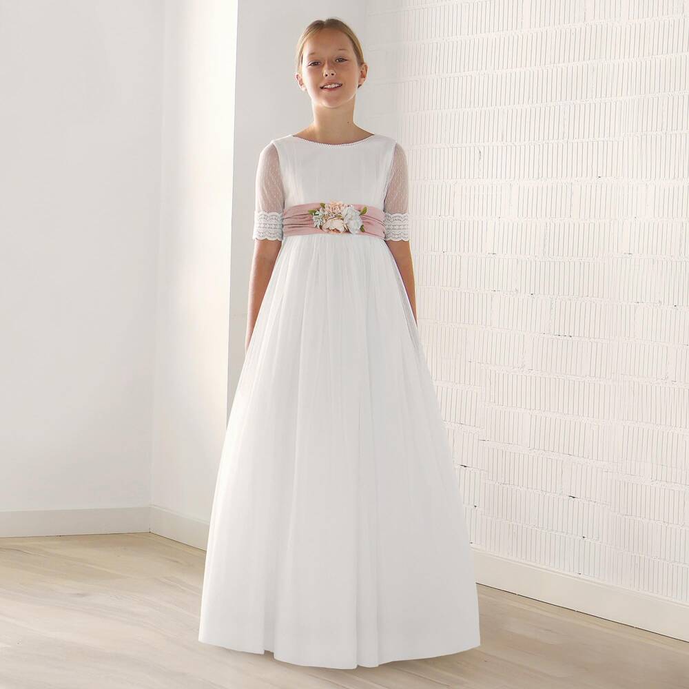 Amaya-Girls Ivory Plumeti Tulle Dress with Pink Sash Dress | Childrensalon
