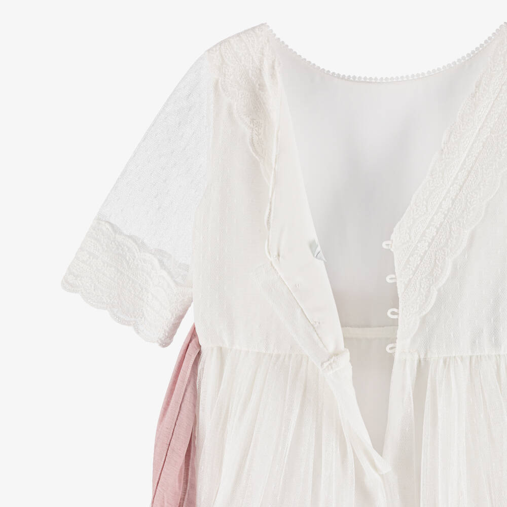 Amaya-Girls Ivory Plumeti Tulle Dress with Pink Sash Dress | Childrensalon