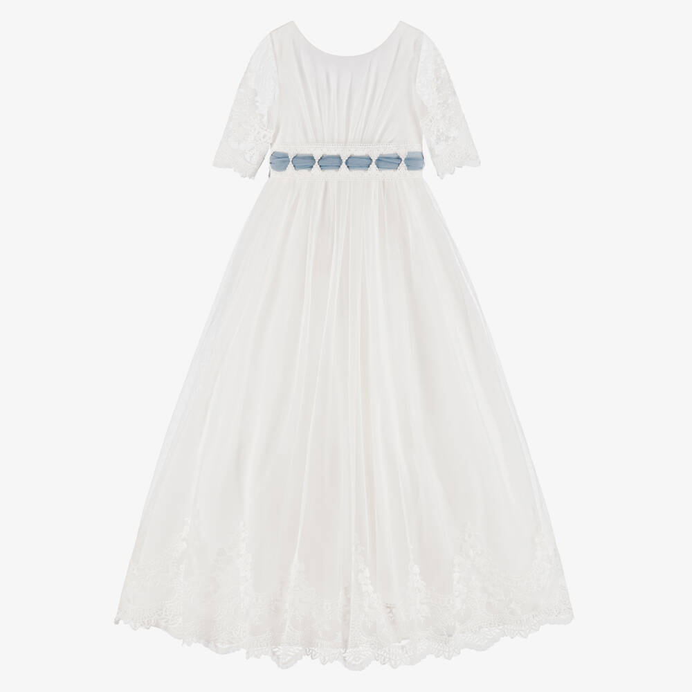 Amaya-Girls Ivory Tulle Dress with Blue Organza Sash  | Childrensalon