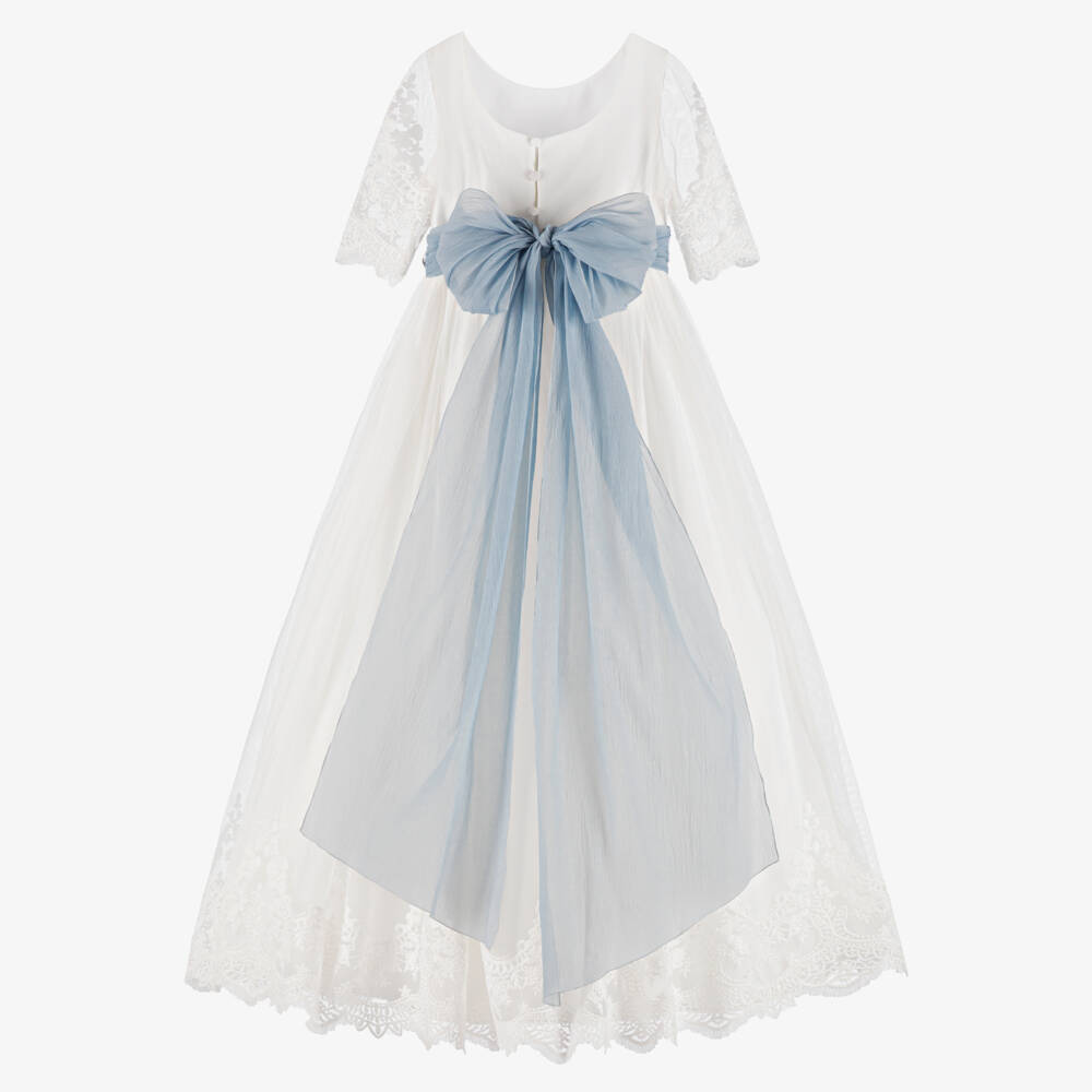 Amaya-Girls Ivory Tulle Dress with Blue Organza Sash | Childrensalon