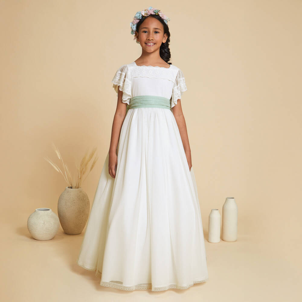 Amaya-Girls White Tulle Dress With Green Sash | Childrensalon