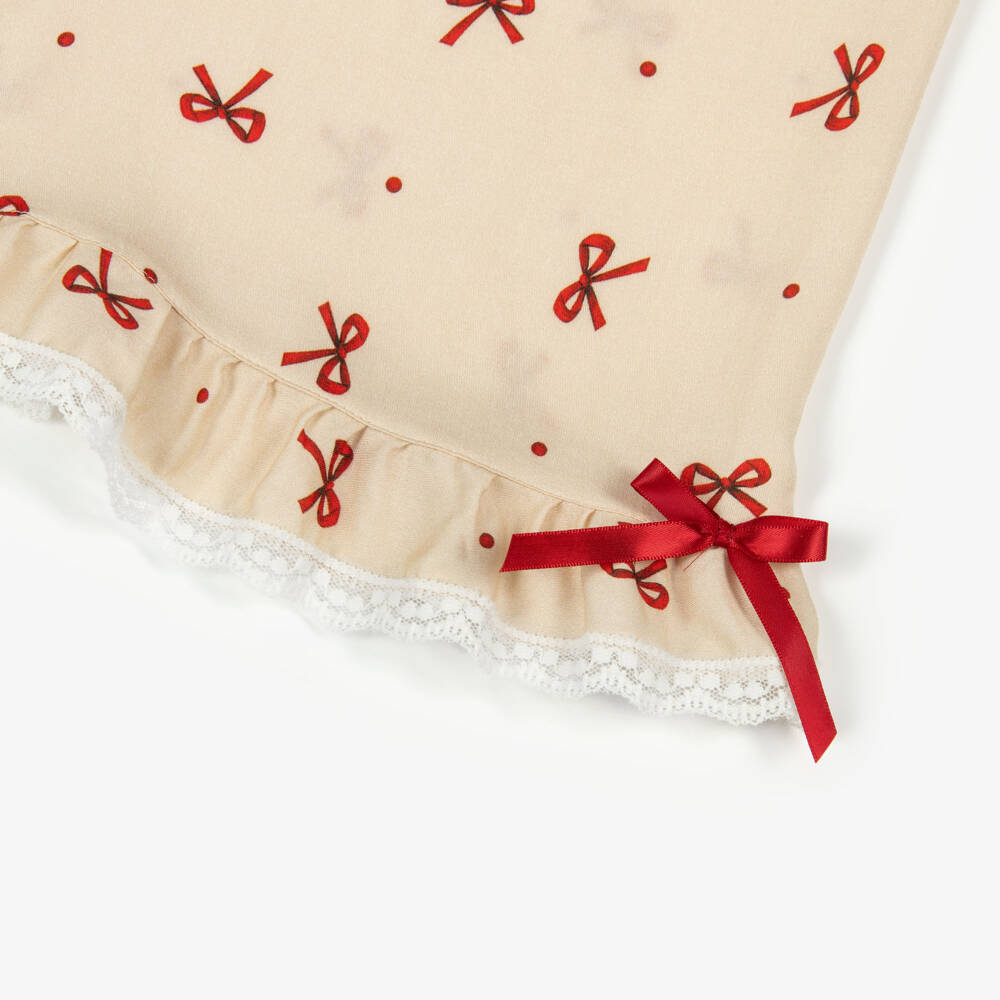 AMIKI Children-Girls Beige & Red Bow Print Pyjamas with Lace Trims | Childrensalon