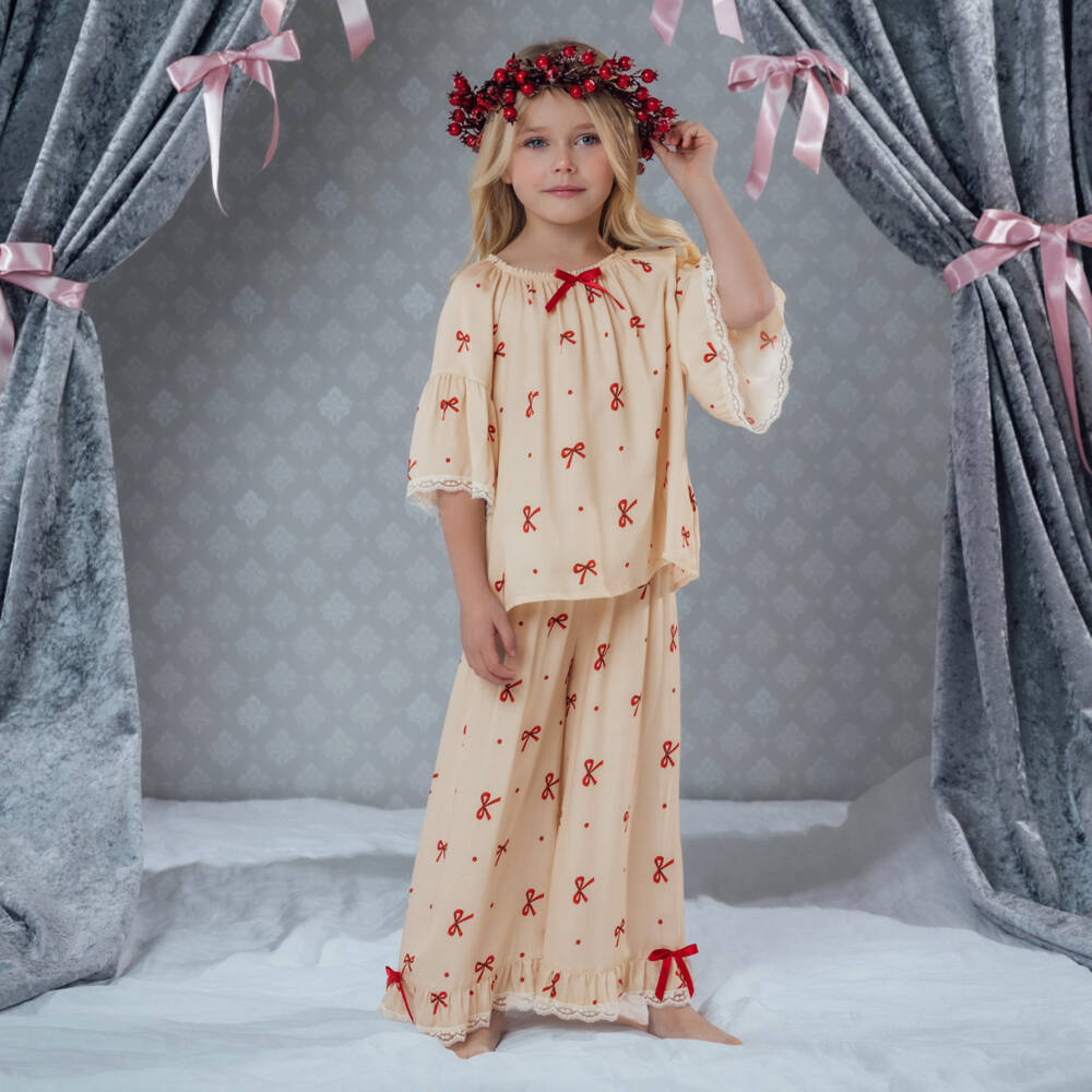 AMIKI Children-Girls Beige & Red Bow Print Pyjamas with Lace Trims | Childrensalon