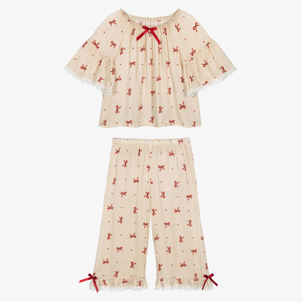 AMIKI Children-Girls Beige & Red Bow Print Pyjamas with Lace Trims | Childrensalon