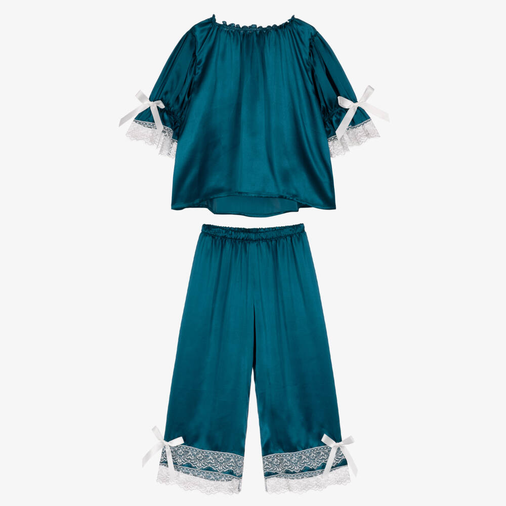 AMIKI Children-Girls Blue Silk Pyjamas with Lace Trims | Childrensalon