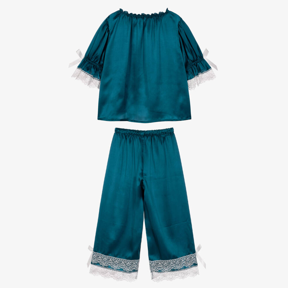 AMIKI Children-Girls Blue Silk Pyjamas with Lace Trims | Childrensalon