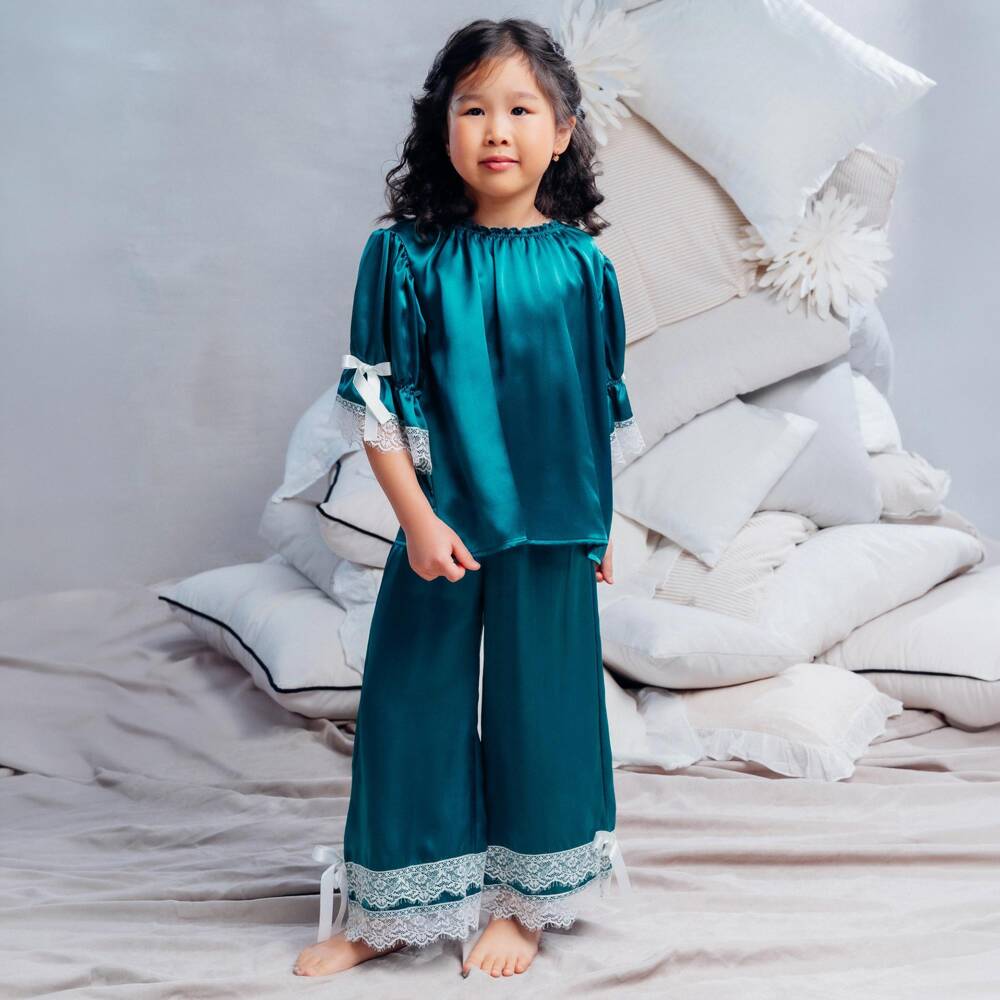 AMIKI Children-Girls Blue Silk Pyjamas with Lace Trims | Childrensalon